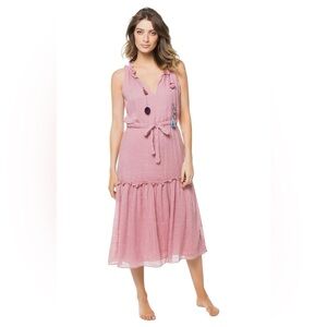 MISA - Nicoletta Pink Sleeveless Midi Tassel Tie Waist Tiered Dress Sz S